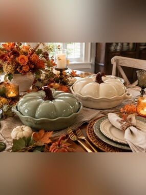 Mapleton Mills Green Pumpkin Ceramic Covered Dish Fall Harvest Serveware